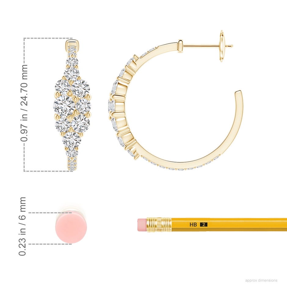 4mm HSI2 Diamond Cluster Asymmetrical Hoop Earrings in Yellow Gold ruler