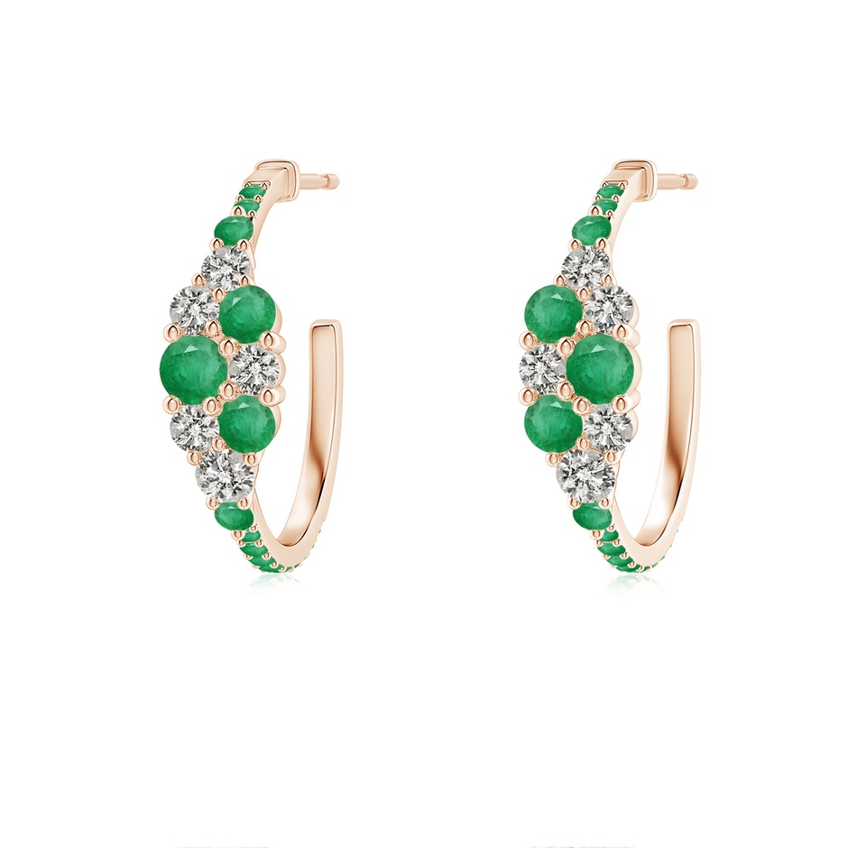 3.1mm A Emerald & Diamond Cluster Asymmetrical Hoop Earrings in Rose Gold 