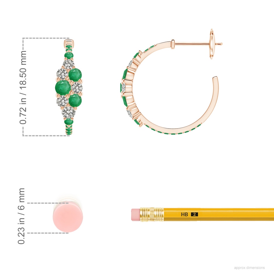 3.1mm A Emerald & Diamond Cluster Asymmetrical Hoop Earrings in Rose Gold ruler