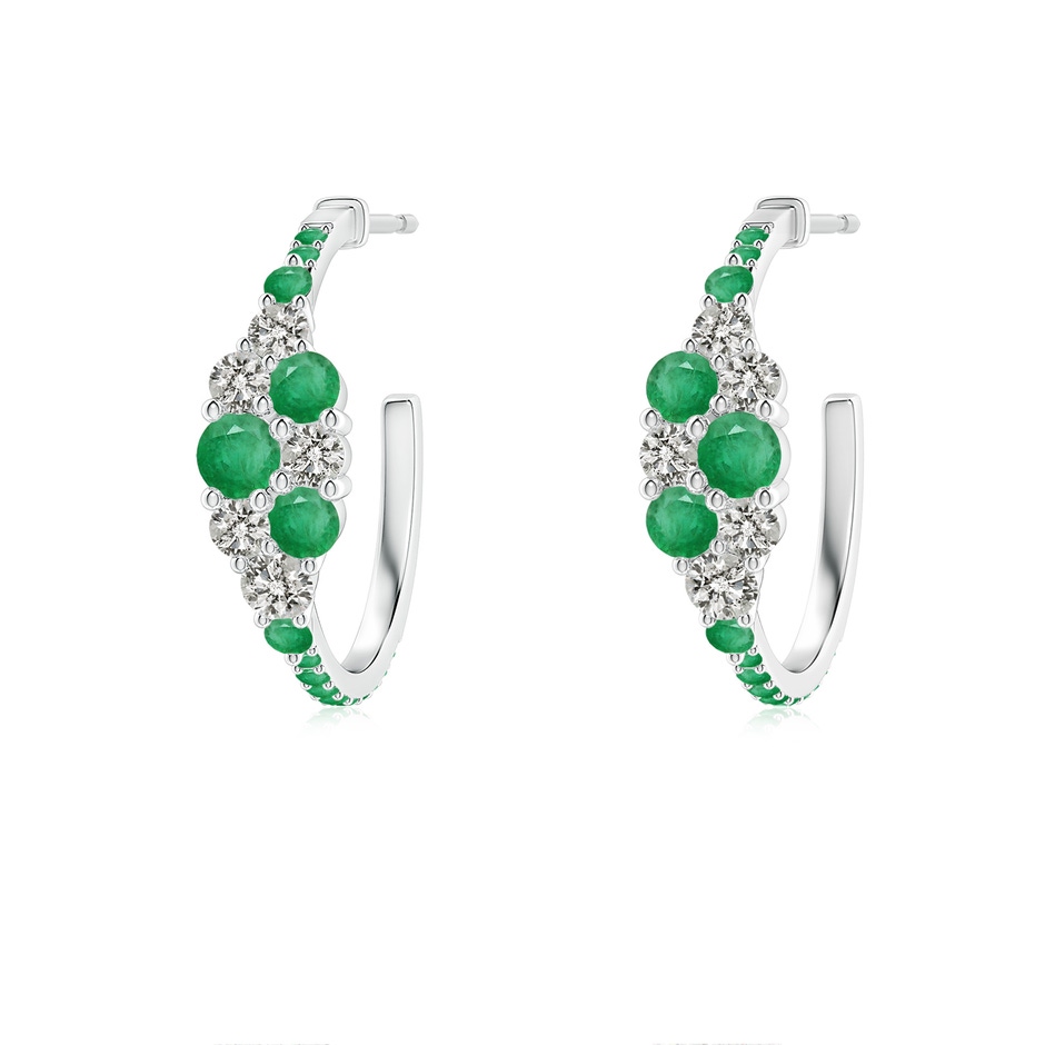 3.1mm A Emerald & Diamond Cluster Asymmetrical Hoop Earrings in White Gold 