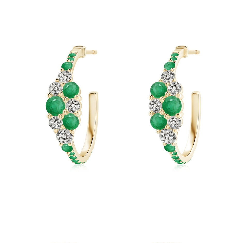 3.1mm A Emerald & Diamond Cluster Asymmetrical Hoop Earrings in Yellow Gold 