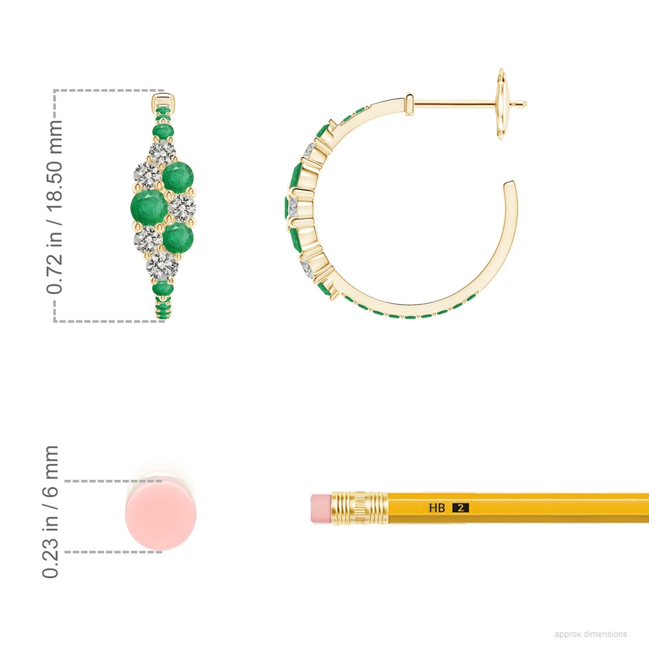 3.1mm A Emerald & Diamond Cluster Asymmetrical Hoop Earrings in Yellow Gold ruler