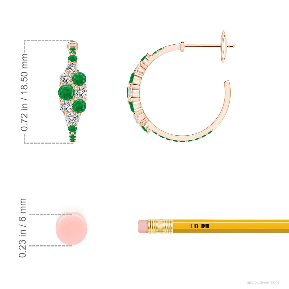 3.1mm AA Emerald & Diamond Cluster Asymmetrical Hoop Earrings in Rose Gold ruler