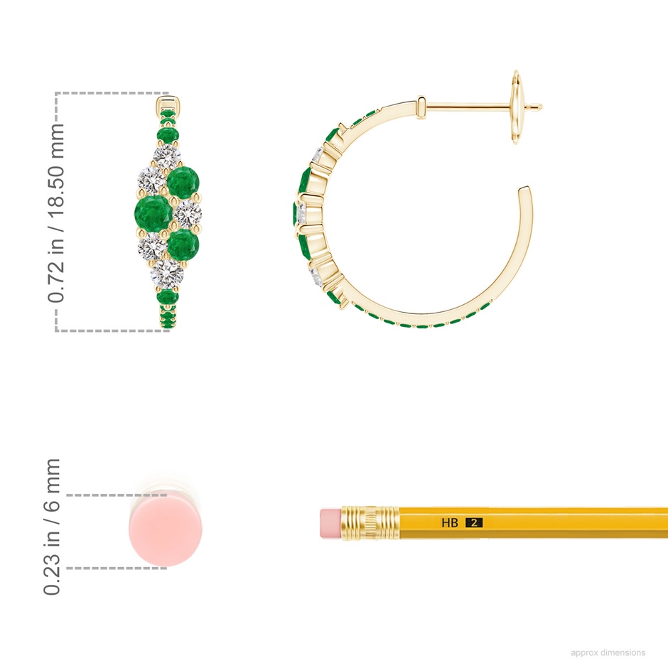 3.1mm AA Emerald & Diamond Cluster Asymmetrical Hoop Earrings in Yellow Gold ruler