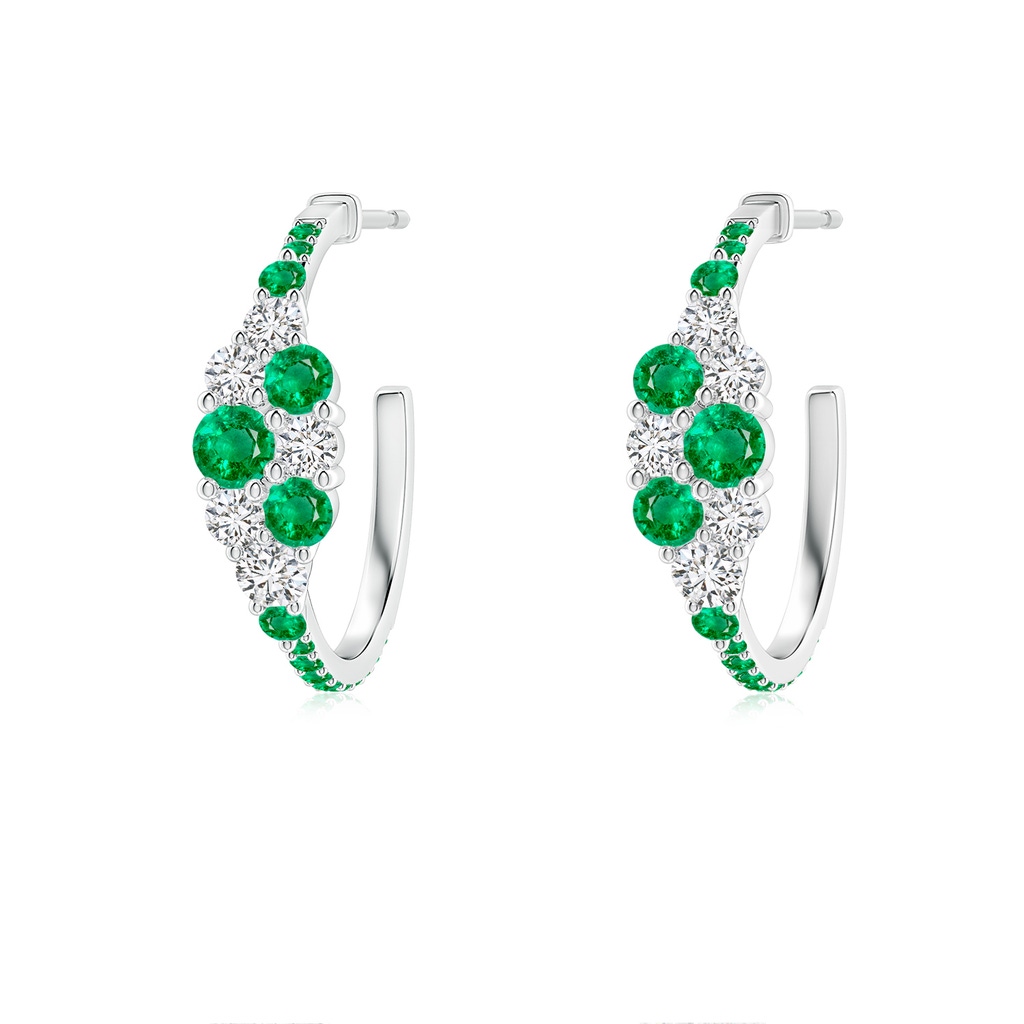 3.1mm AAA Emerald & Diamond Clustre Asymmetrical Hoop Earrings in White Gold