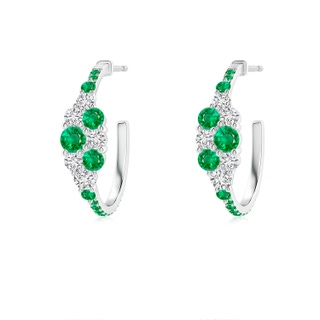 3.1mm AAA Emerald & Diamond Cluster Asymmetrical Hoop Earrings in White Gold
