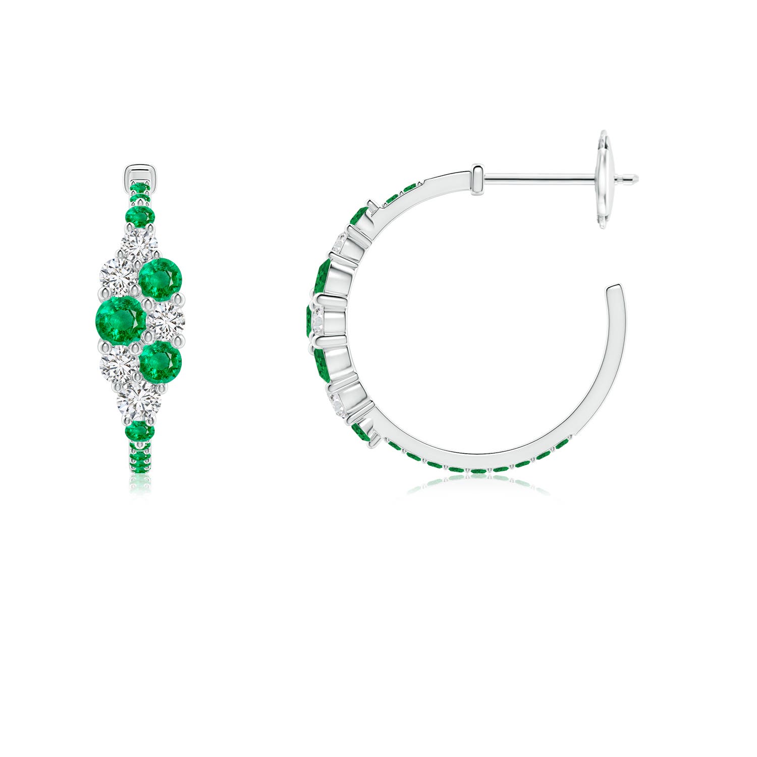 3.1mm AAA Emerald & Diamond Cluster Asymmetrical Hoop Earrings in White Gold - side 2