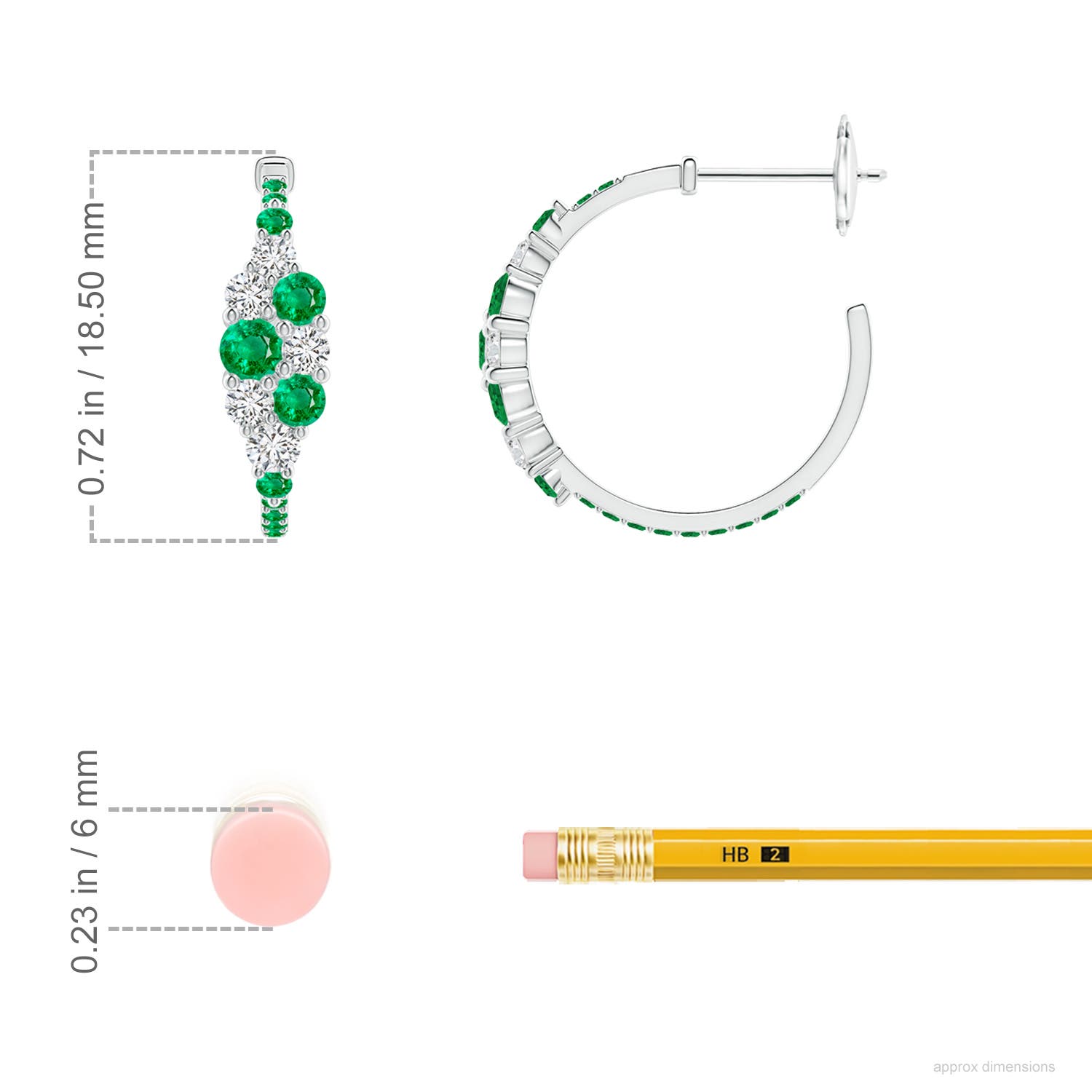 3.1mm AAA Emerald & Diamond Cluster Asymmetrical Hoop Earrings in White Gold - ruler