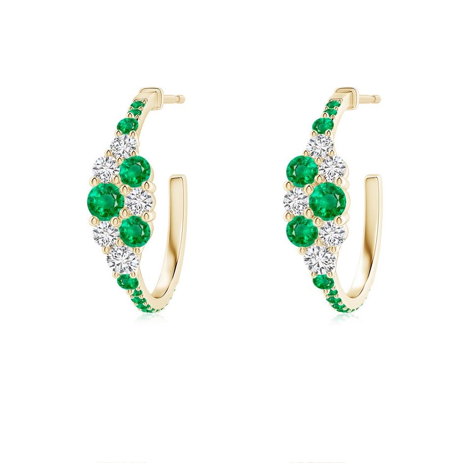3.1mm AAA Emerald & Diamond Cluster Asymmetrical Hoop Earrings in Yellow Gold 