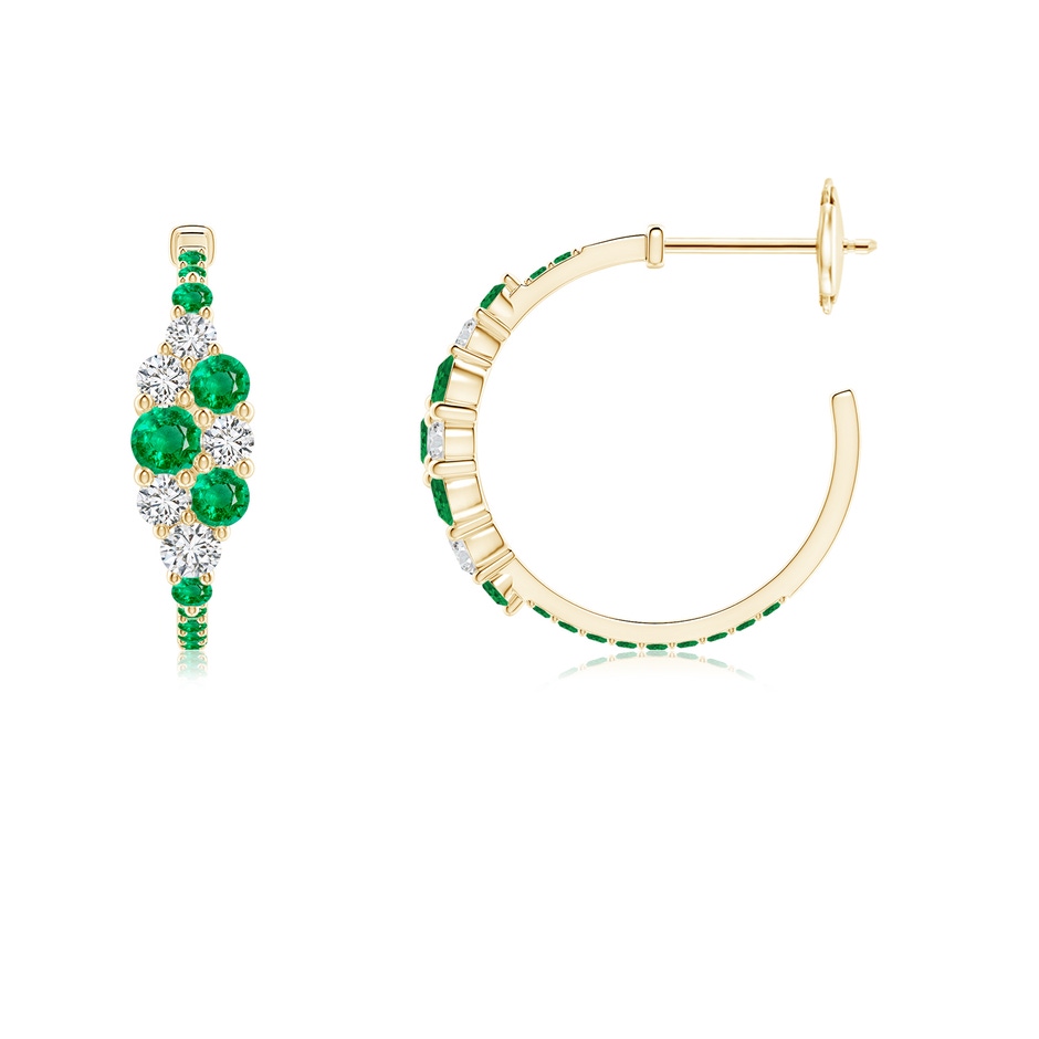 3.1mm AAA Emerald & Diamond Cluster Asymmetrical Hoop Earrings in Yellow Gold side 199