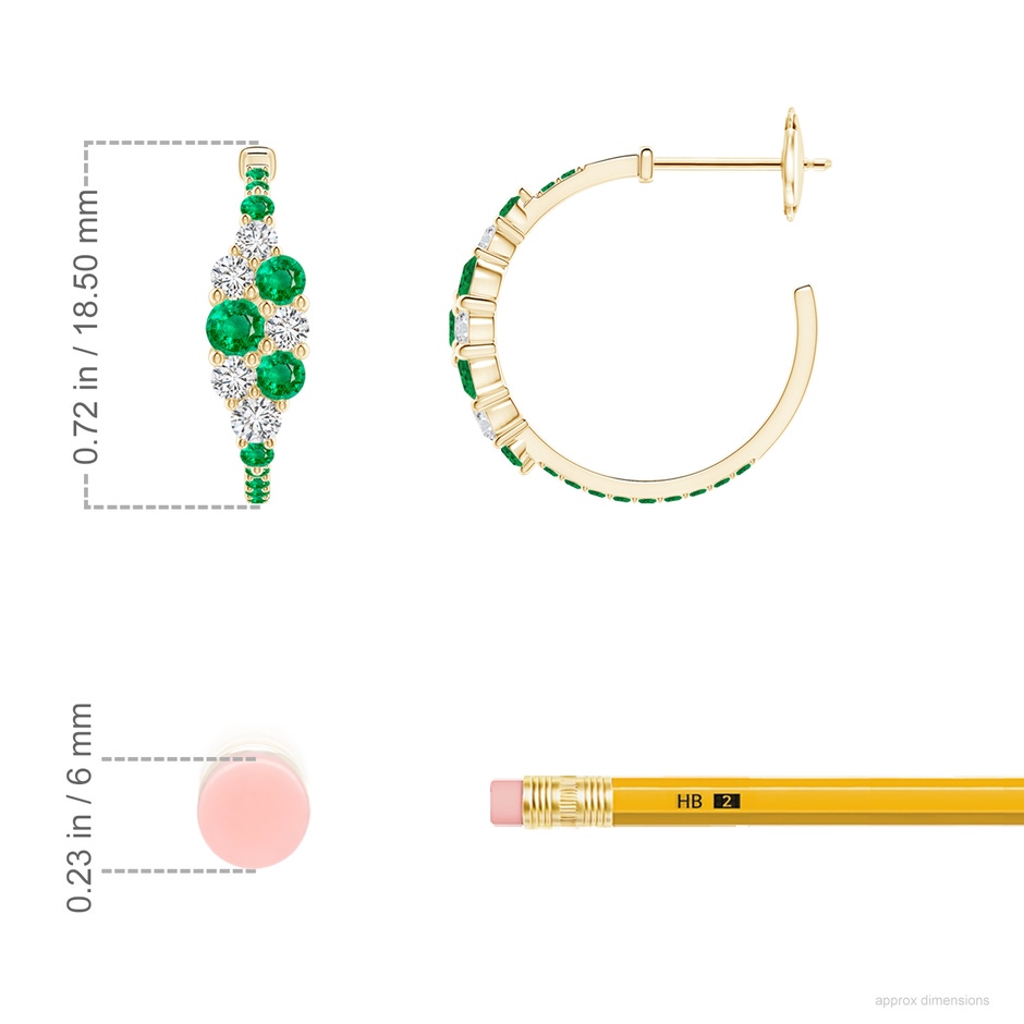 3.1mm AAA Emerald & Diamond Cluster Asymmetrical Hoop Earrings in Yellow Gold ruler