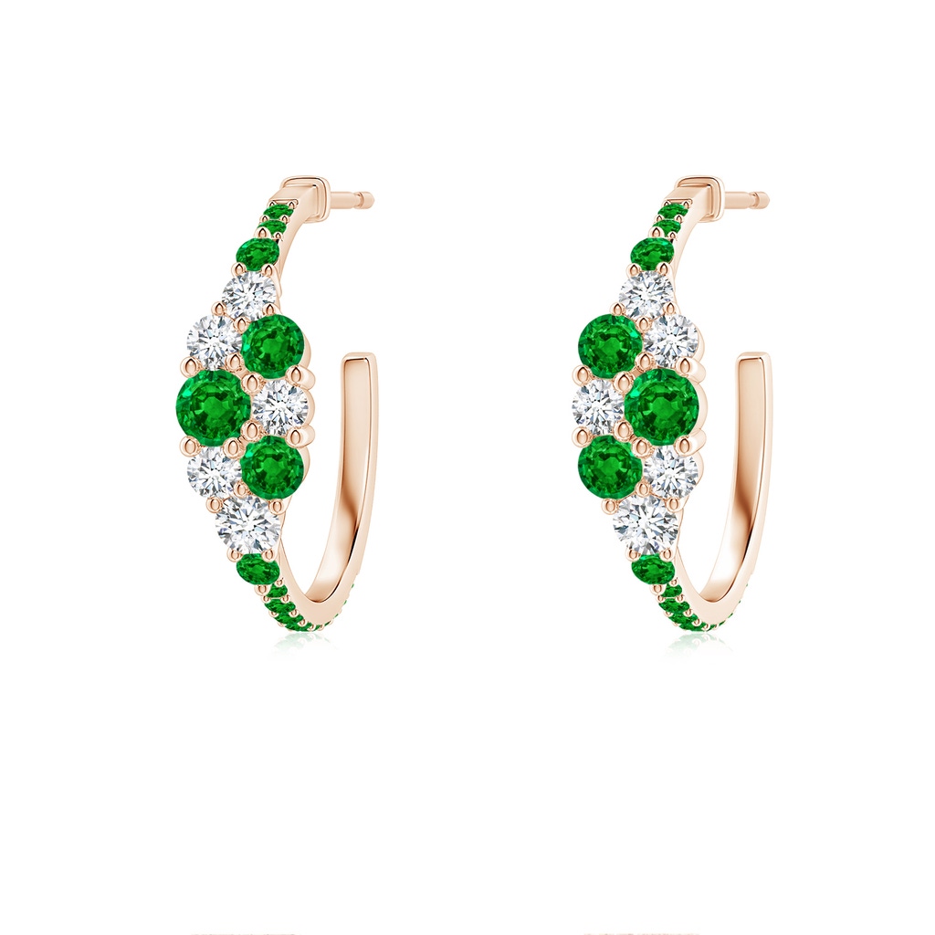 3.1mm AAAA Emerald & Diamond Clustre Asymmetrical Hoop Earrings in Rose Gold