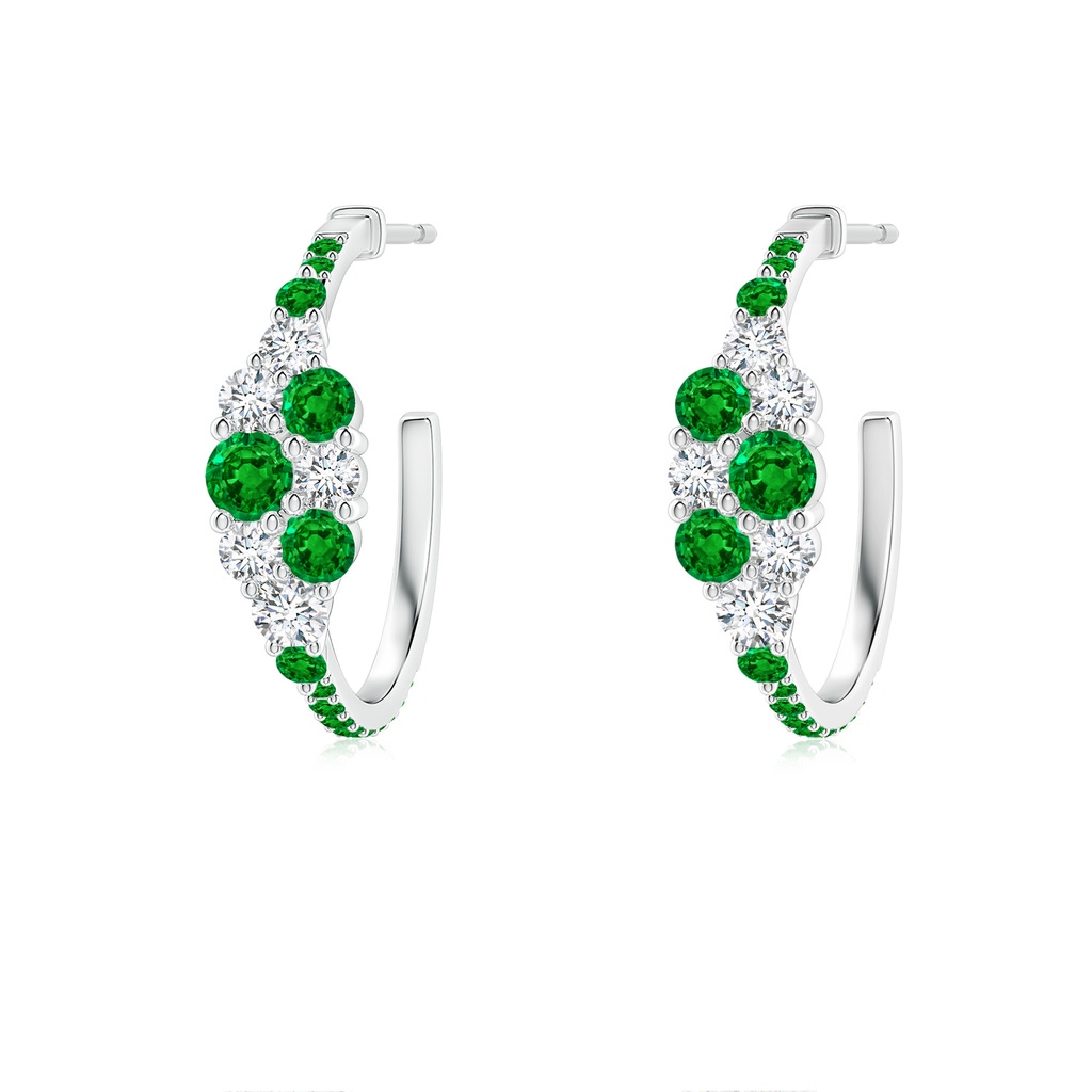 3.1mm AAAA Emerald & Diamond Clustre Asymmetrical Hoop Earrings in White Gold