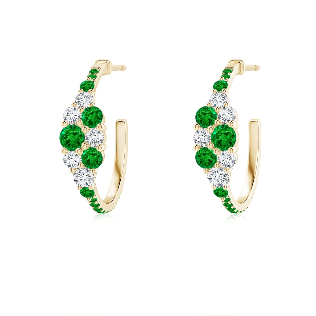 3.1mm AAAA Emerald & Diamond Cluster Asymmetrical Hoop Earrings in Yellow Gold