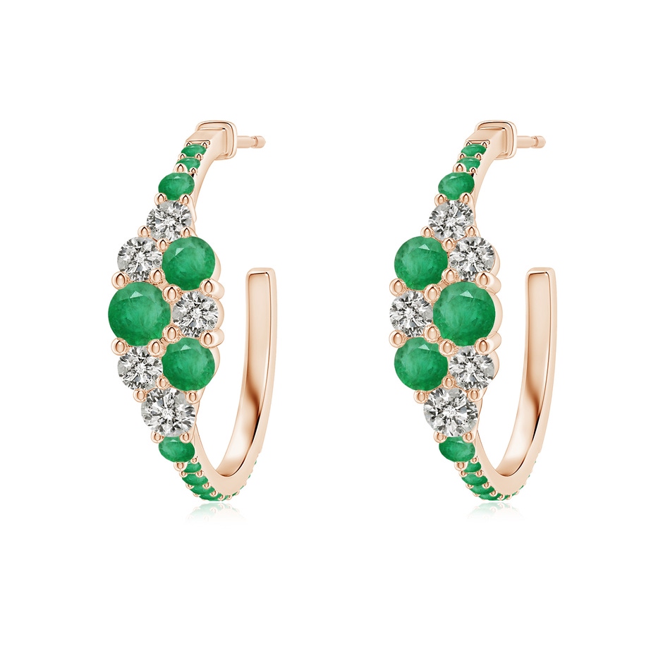 3.5mm A Emerald & Diamond Cluster Asymmetrical Hoop Earrings in Rose Gold 
