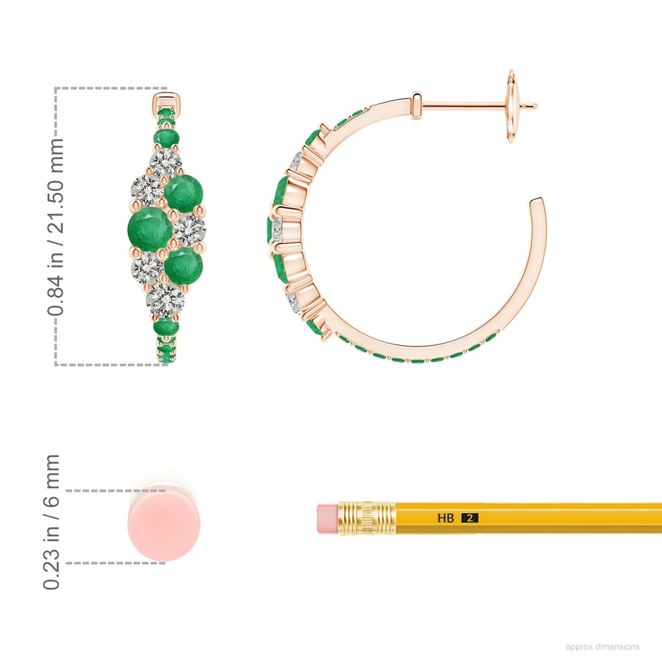 3.5mm A Emerald & Diamond Cluster Asymmetrical Hoop Earrings in Rose Gold ruler
