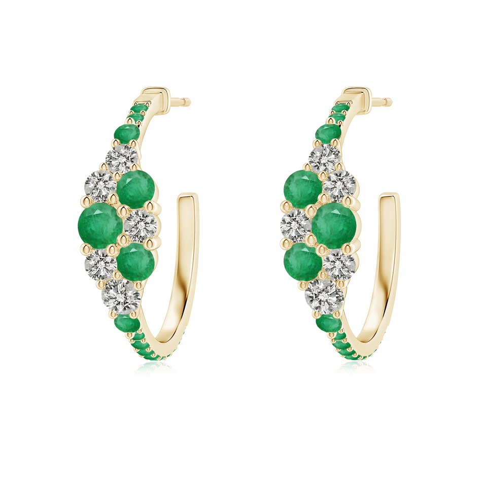 3.5mm A Emerald & Diamond Cluster Asymmetrical Hoop Earrings in Yellow Gold 