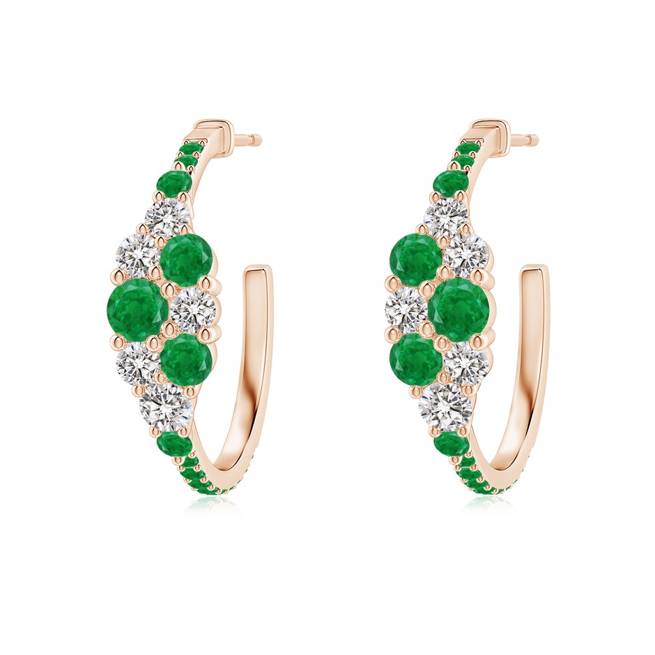 3.5mm AA Emerald & Diamond Cluster Asymmetrical Hoop Earrings in Rose Gold 