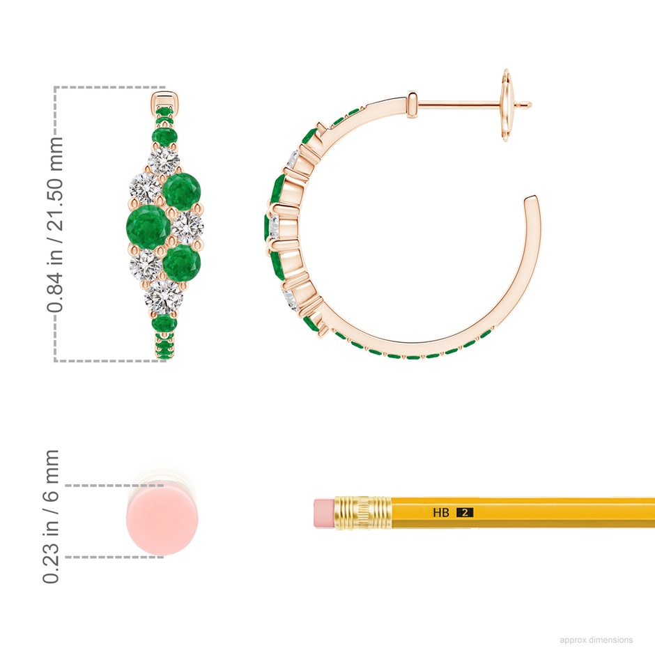 3.5mm AA Emerald & Diamond Cluster Asymmetrical Hoop Earrings in Rose Gold ruler