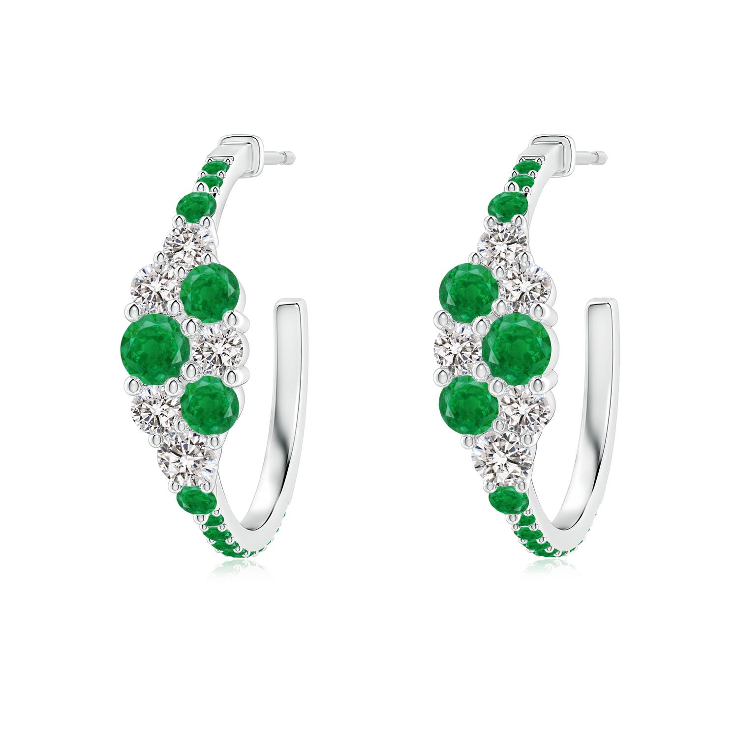 3.5mm AA Emerald & Diamond Cluster Asymmetrical Hoop Earrings in White Gold