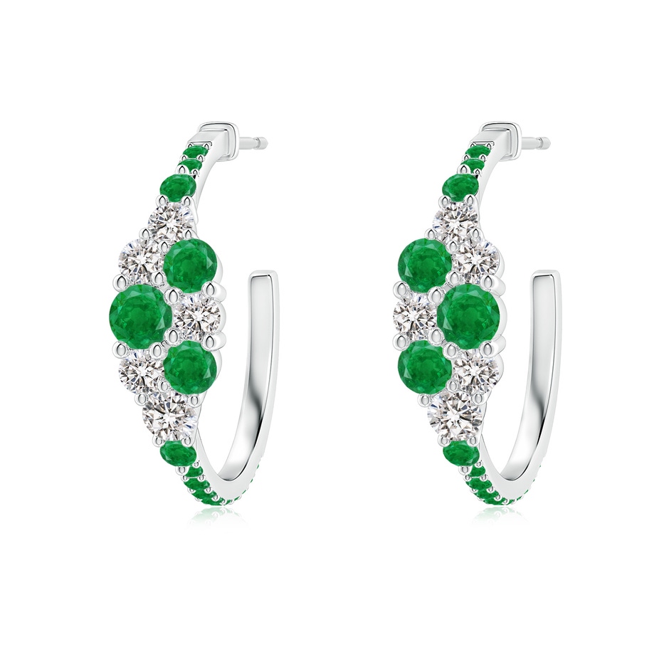 3.5mm AA Emerald & Diamond Cluster Asymmetrical Hoop Earrings in White Gold 