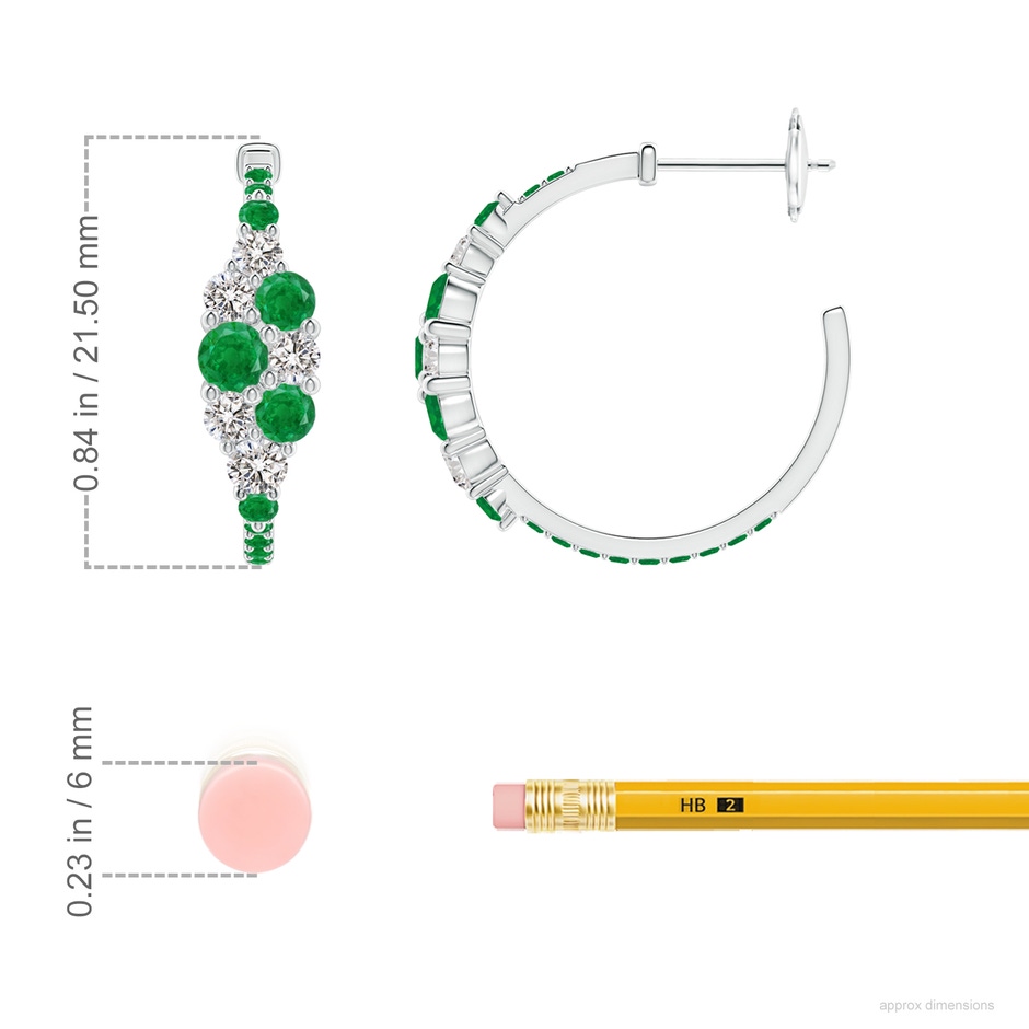3.5mm AA Emerald & Diamond Cluster Asymmetrical Hoop Earrings in White Gold ruler
