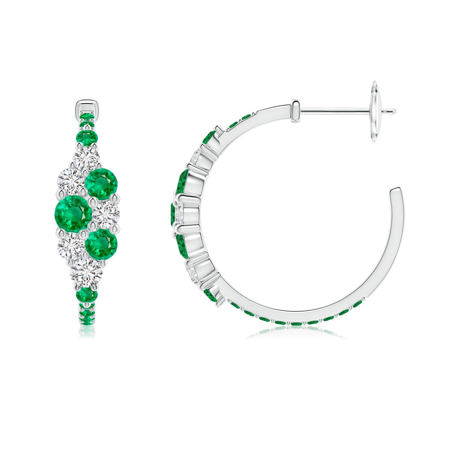 3.5mm AAA Emerald & Diamond Cluster Asymmetrical Hoop Earrings in White Gold