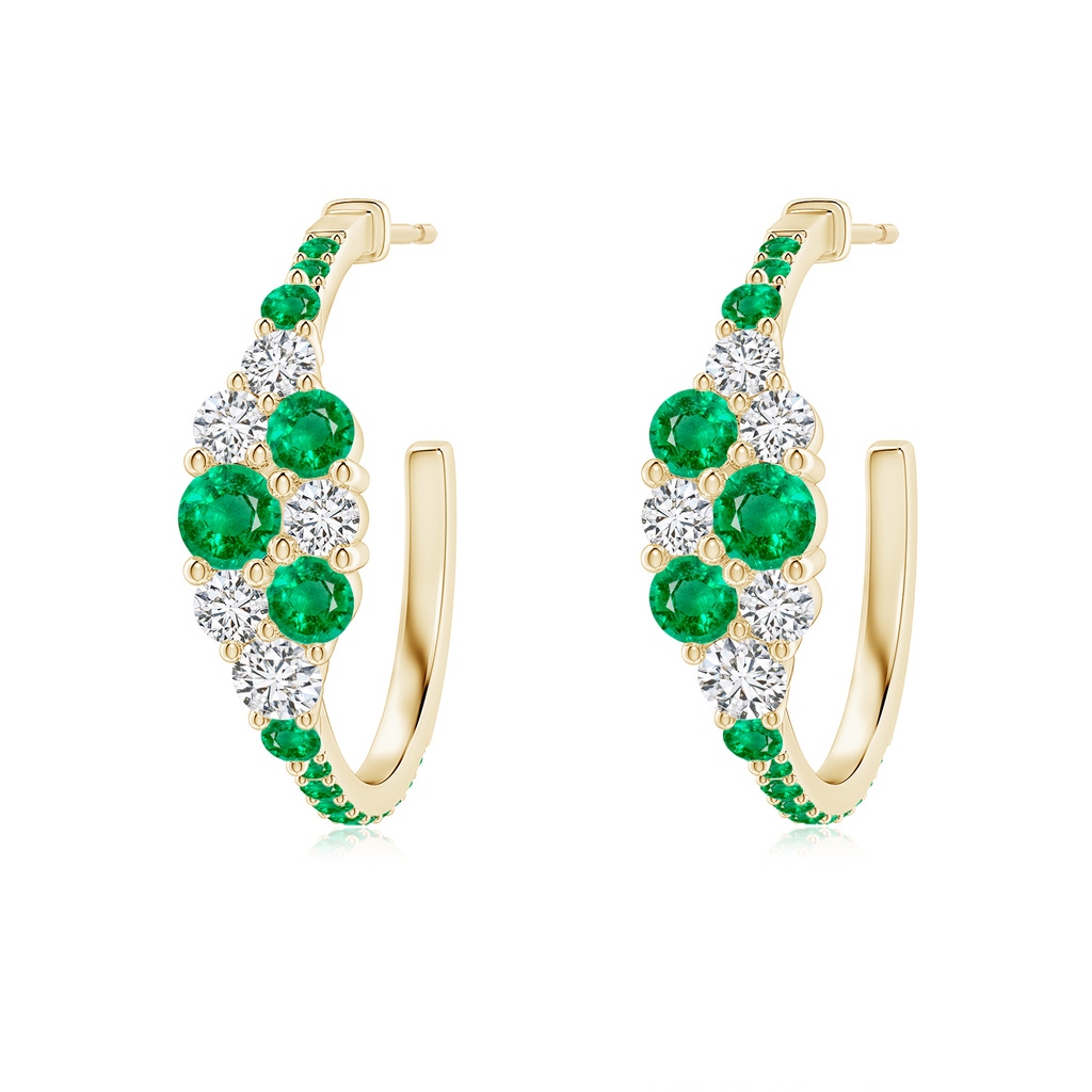 3.5mm AAA Emerald & Diamond Cluster Asymmetrical Hoop Earrings in Yellow Gold