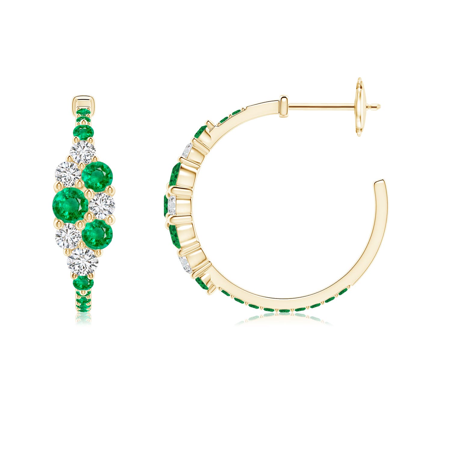 3.5mm AAA Emerald & Diamond Cluster Asymmetrical Hoop Earrings in Yellow Gold - side 2