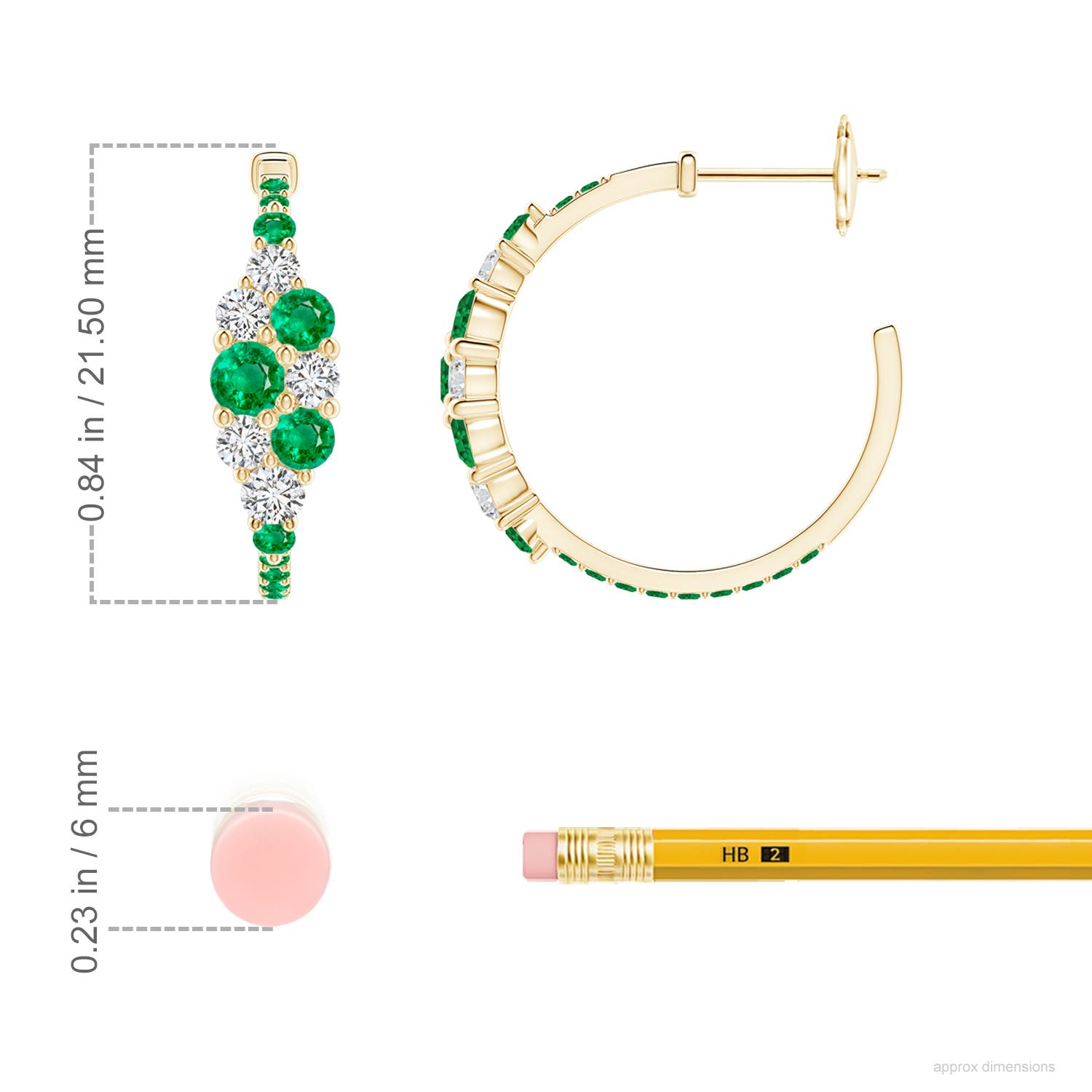 3.5mm AAA Emerald & Diamond Cluster Asymmetrical Hoop Earrings in Yellow Gold - ruler