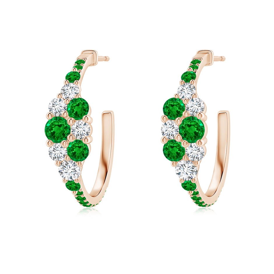 3.5mm AAAA Emerald & Diamond Cluster Asymmetrical Hoop Earrings in Rose Gold 