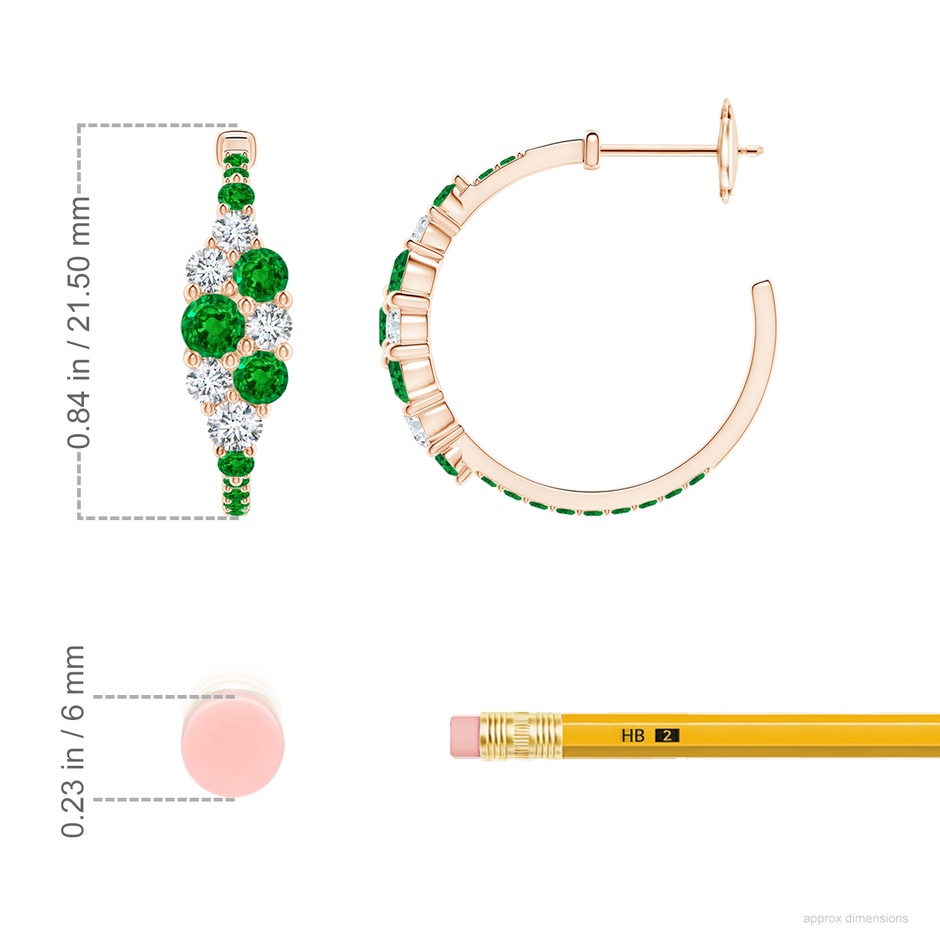 3.5mm AAAA Emerald & Diamond Cluster Asymmetrical Hoop Earrings in Rose Gold ruler