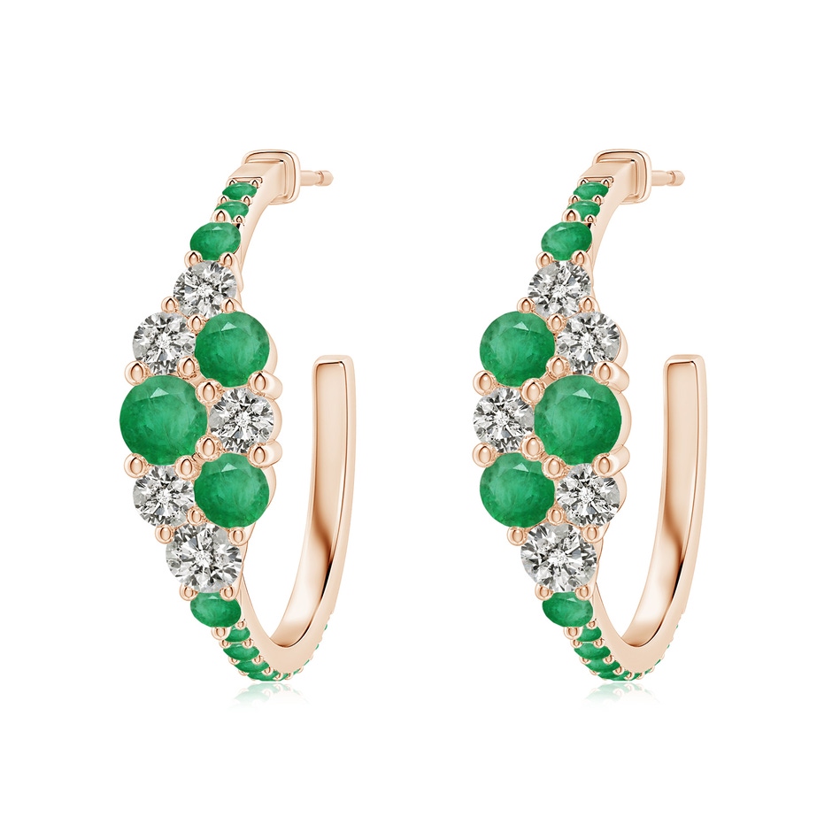 4mm A Emerald & Diamond Cluster Asymmetrical Hoop Earrings in Rose Gold 