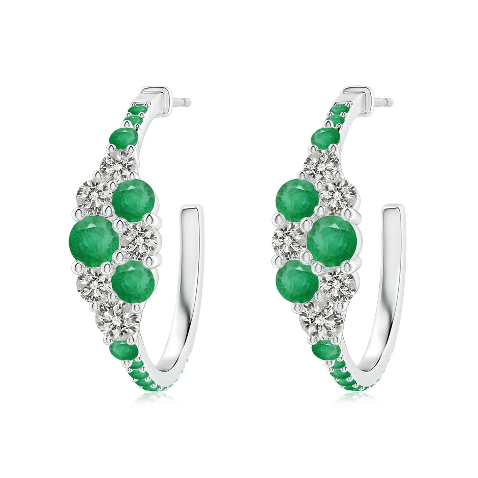 4mm A Emerald & Diamond Cluster Asymmetrical Hoop Earrings in White Gold 