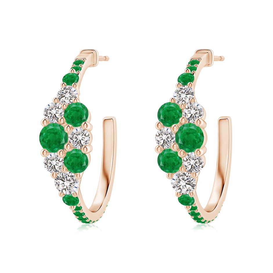 4mm AA Emerald & Diamond Cluster Asymmetrical Hoop Earrings in Rose Gold 