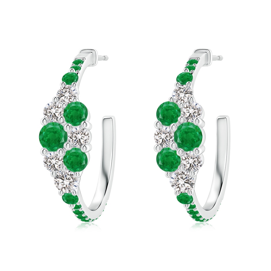 4mm AA Emerald & Diamond Cluster Asymmetrical Hoop Earrings in White Gold 