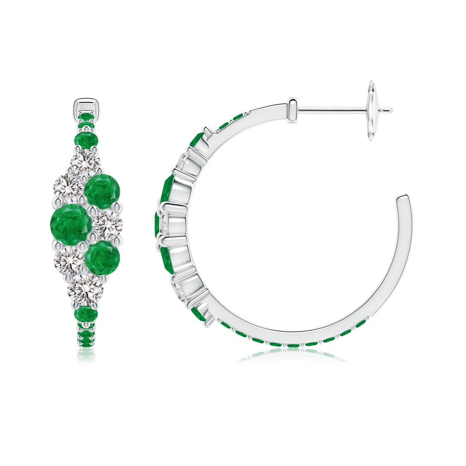 4mm AA Emerald & Diamond Cluster Asymmetrical Hoop Earrings in White Gold side 199