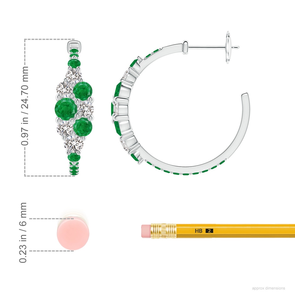 4mm AA Emerald & Diamond Cluster Asymmetrical Hoop Earrings in White Gold ruler