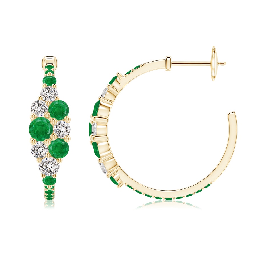 4mm AA Emerald & Diamond Cluster Asymmetrical Hoop Earrings in Yellow Gold side 199