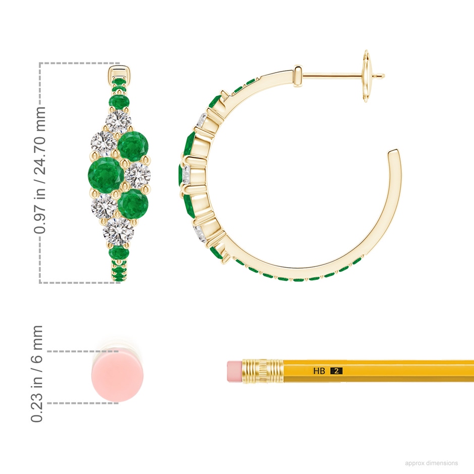 4mm AA Emerald & Diamond Cluster Asymmetrical Hoop Earrings in Yellow Gold ruler