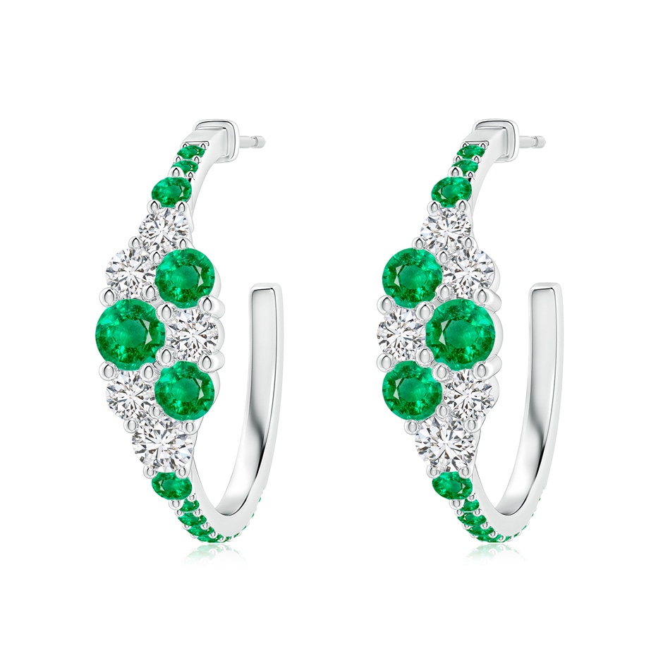 4mm AAA Emerald & Diamond Cluster Asymmetrical Hoop Earrings in White Gold 