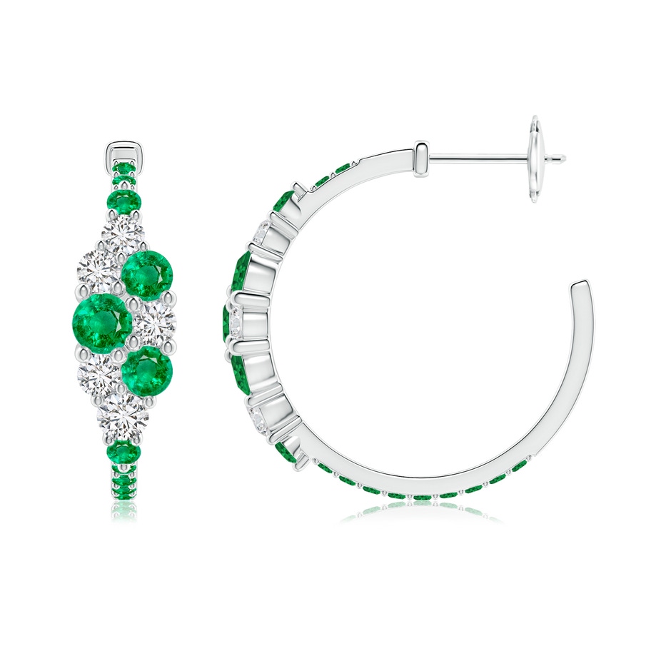 4mm AAA Emerald & Diamond Cluster Asymmetrical Hoop Earrings in White Gold side 199