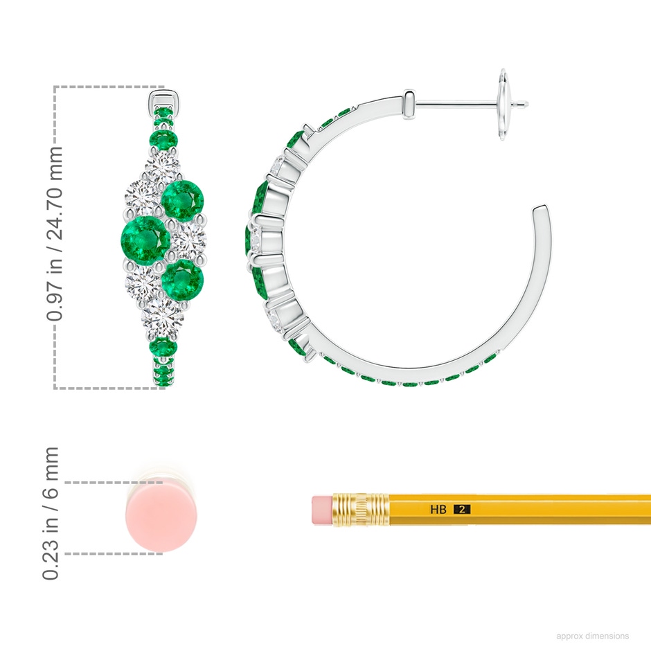 4mm AAA Emerald & Diamond Cluster Asymmetrical Hoop Earrings in White Gold ruler