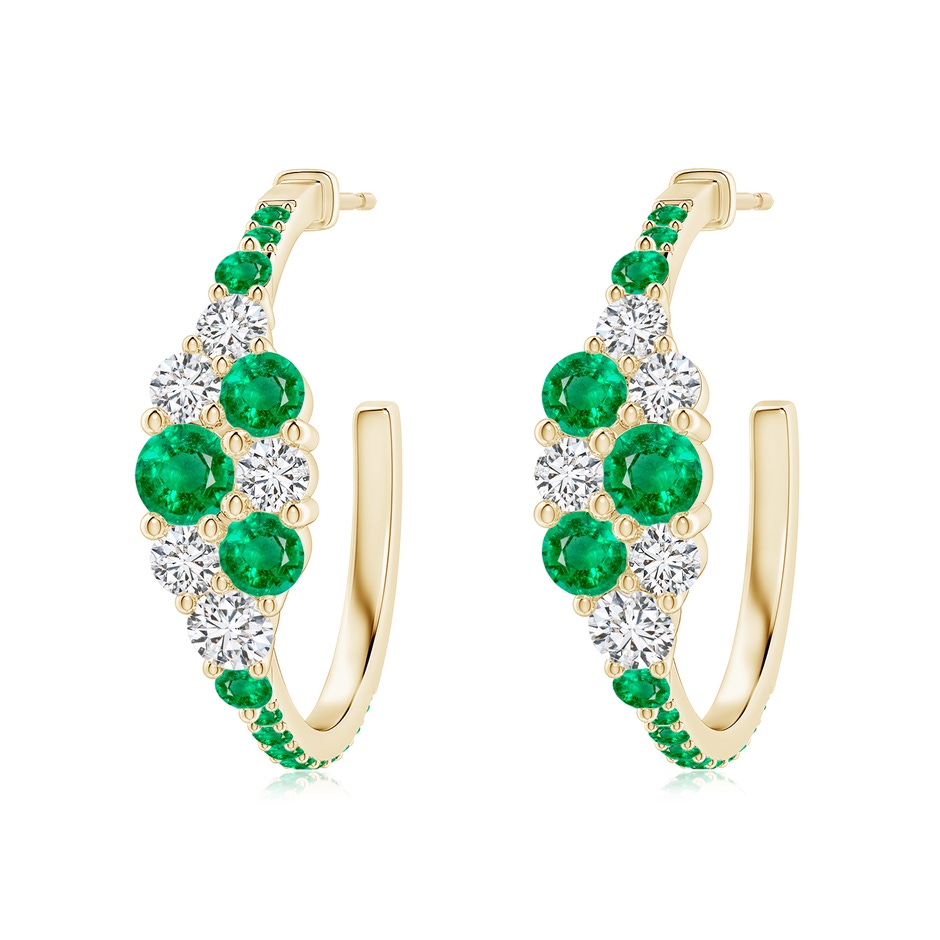 4mm AAA Emerald & Diamond Cluster Asymmetrical Hoop Earrings in Yellow Gold 