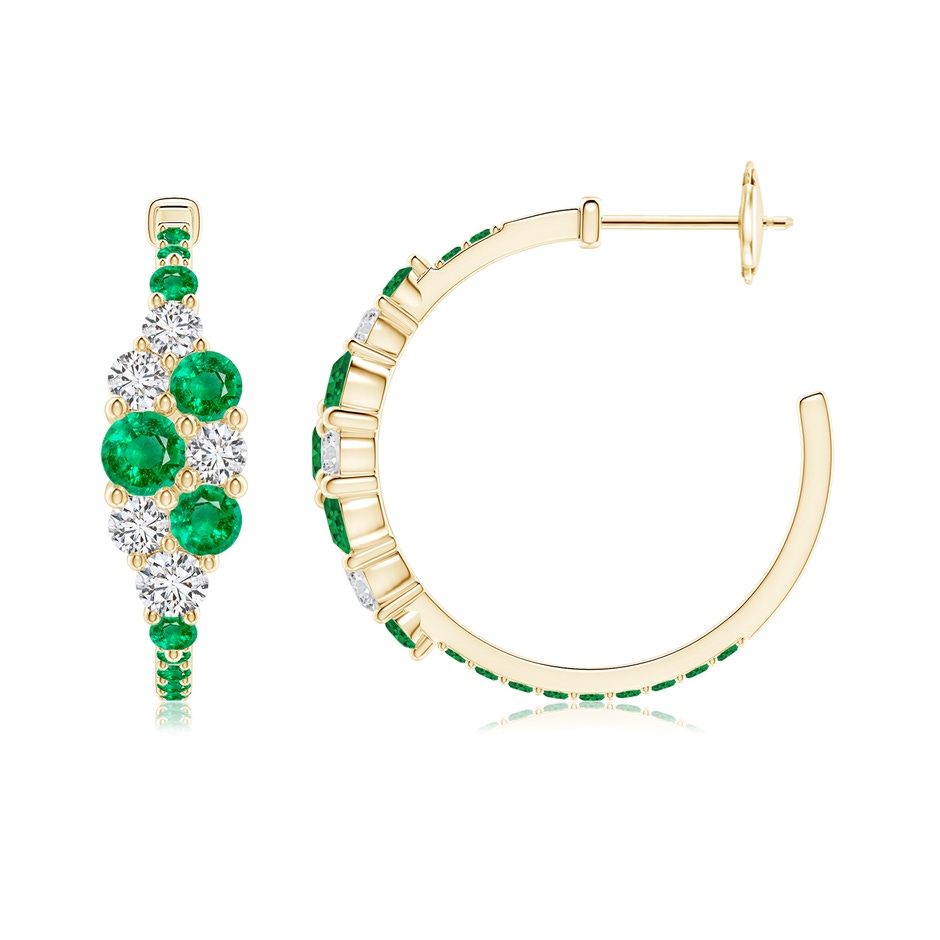 4mm AAA Emerald & Diamond Cluster Asymmetrical Hoop Earrings in Yellow Gold side 199