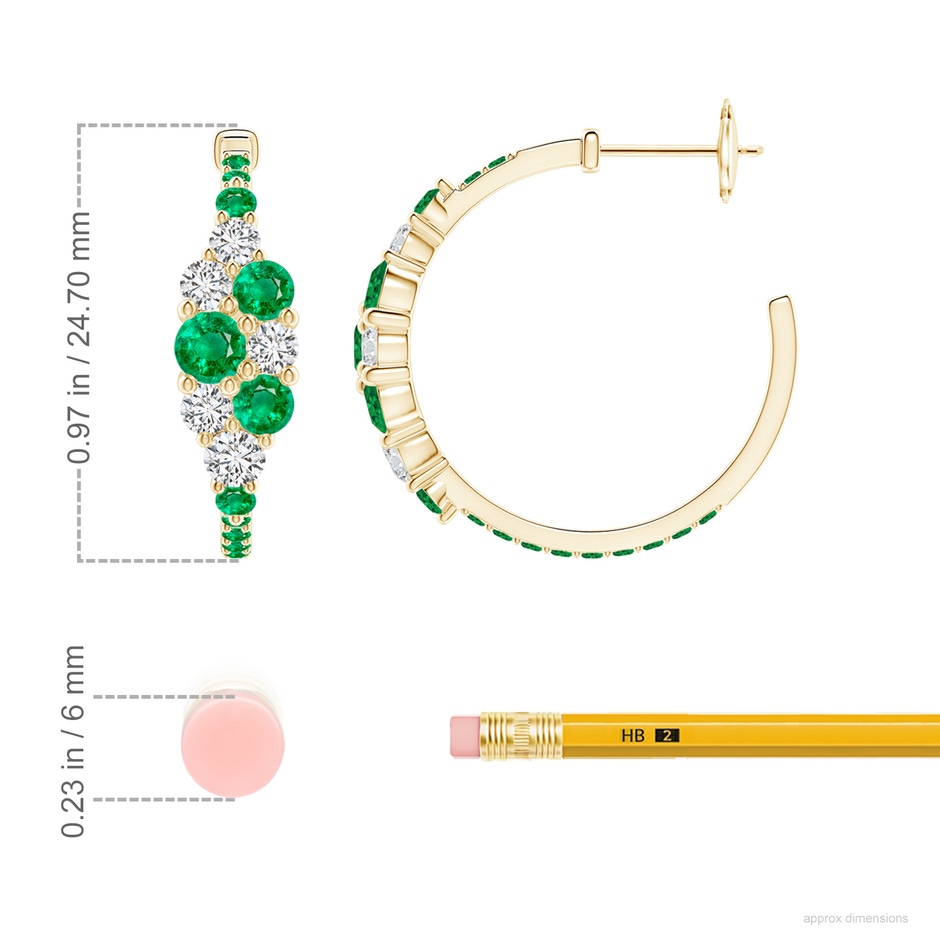 4mm AAA Emerald & Diamond Cluster Asymmetrical Hoop Earrings in Yellow Gold ruler