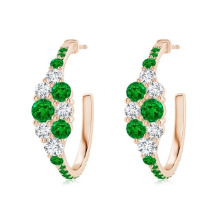 4mm AAAA Emerald & Diamond Clustre Asymmetrical Hoop Earrings in 9K Rose Gold