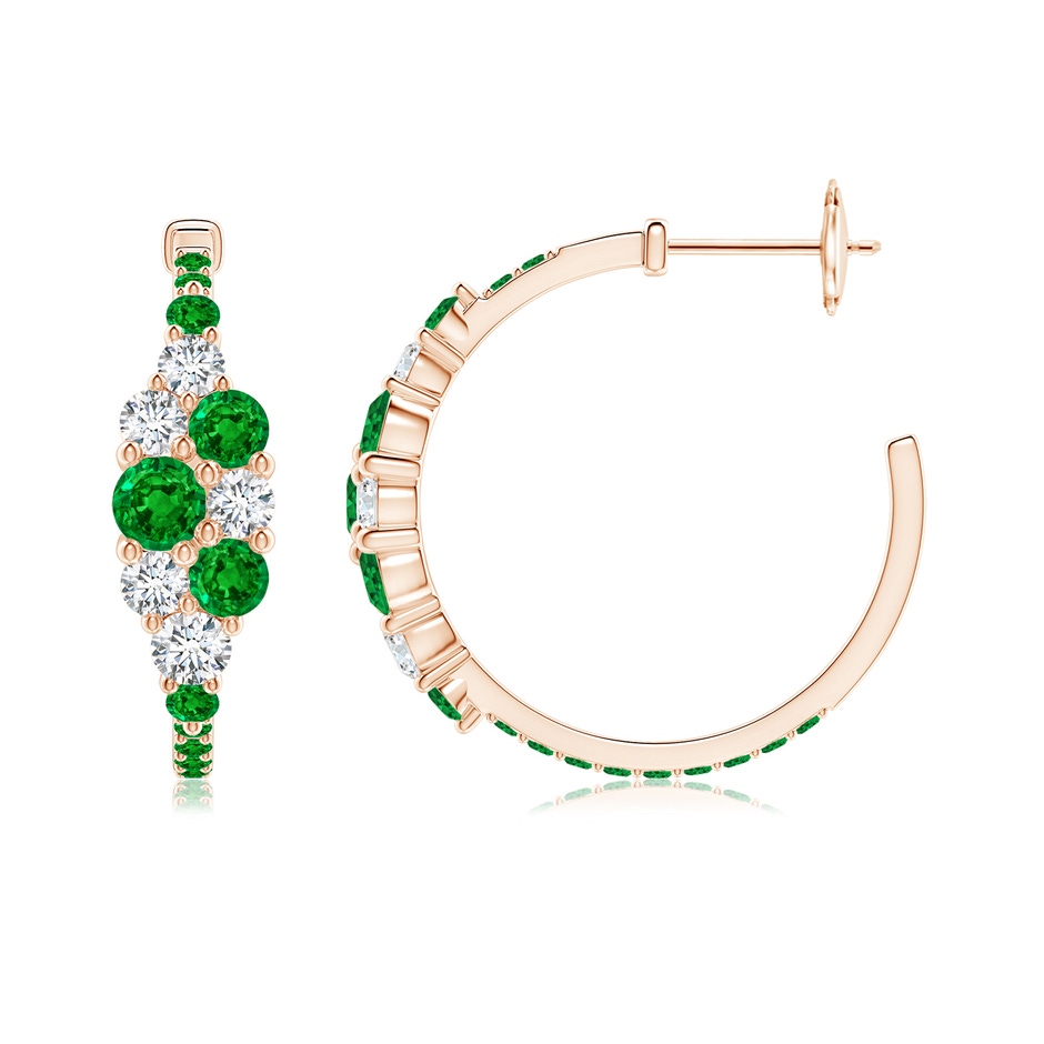 4mm AAAA Emerald & Diamond Cluster Asymmetrical Hoop Earrings in Rose Gold side 199