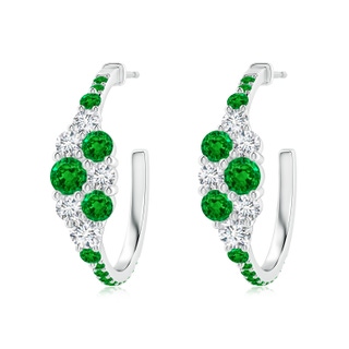 4mm AAAA Emerald & Diamond Clustre Asymmetrical Hoop Earrings in S999 Silver