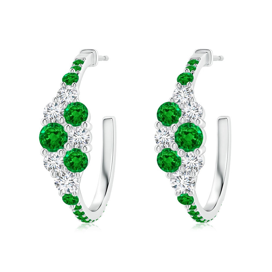 4mm AAAA Emerald & Diamond Cluster Asymmetrical Hoop Earrings in White Gold 